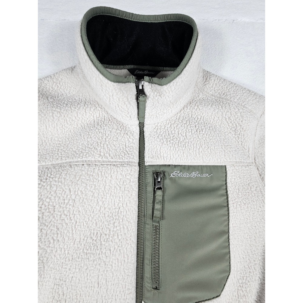 Eddie Bauer Womens XXL Cream Olive Green Full Zip Sherpa Fleece Jacketβ D1356795